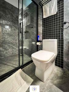 a bathroom with a toilet and a shower at Queens&Kings Garden in Nairobi