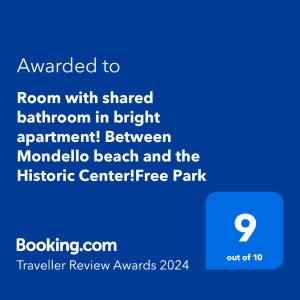 Certifikát, ocenenie alebo iný dokument vystavený v ubytovaní Large Room e Small Private Bathroom Between Mondello Beach and Old Town! Free Park!