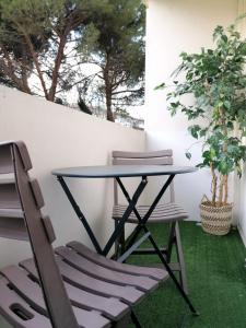 a table and chairs on a patio with a plant at T2 proche du centre ville in Toulouse