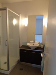 a bathroom with a sink and a shower at Downtown Townhouse Special in Auckland