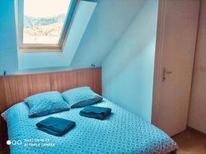 a blue bedroom with a bed with two blue pillows at Duplex Samoëns 4/6 couchages in Samoëns