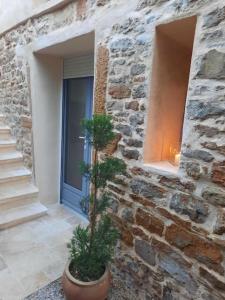 a stone building with a plant in a pot next to a window at O MONT D OR in Saint-Romain-au-Mont-dʼOr
