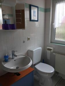 Ferienwohnung "Am Habichtsberg" : حمام به مرحاض أبيض ومغسلة