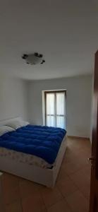 a bedroom with a bed with blue sheets and a window at La Casa di Cardini in San Giacomo