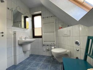 a bathroom with a toilet and a sink at Ferienwohnung Waldsiedlung in Mühl Rosin