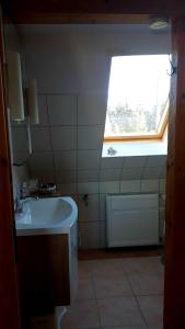 Elle comprend une petite salle de bains pourvue d'un lavabo et d'une fenêtre. dans l'établissement Ferienwohnung am Papensee, à Hohen Sprenz