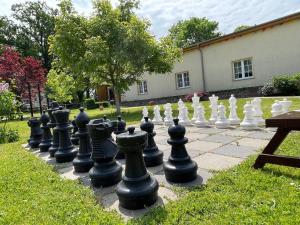 un ajedrez gigante en una acera en un patio en Ferienlandhof Mistorf, 