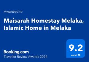 Certifikát, hodnocení, plakát nebo jiný dokument vystavený v ubytování Maisarah Homestay Melaka, Islamic Home in Melaka