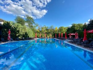 una gran piscina con sillas y sombrillas rojas en Hotel Royal Florence, en Chişinău