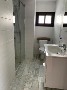 uma casa de banho com um WC, um lavatório e um chuveiro em Palm Villa em Puerto del Carmen