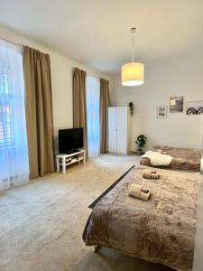 a bedroom with two beds and a flat screen tv at Apartment Lea - Old Town in Bratislava