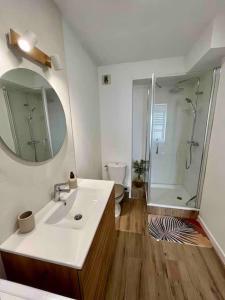 uma casa de banho com um lavatório, um chuveiro e um espelho. em Bel appartement vue mer - Mafat'appart em La Possession