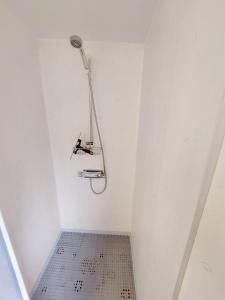 eine Dusche in einem weiß ummauerten Zimmer mit einer Dusche in der Unterkunft Woody in Brösarp