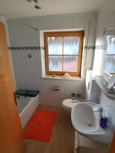 a bathroom with a sink and a toilet and a window at Im Ruhepol in Petting