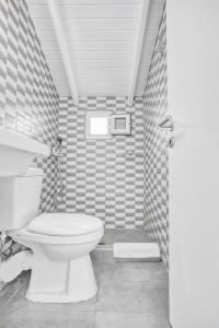 a bathroom with a white toilet and a shower at Platy Beach Hotel in Platy +66 photos