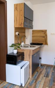 una pequeña cocina con fregadero y microondas en Navial 1, en Gabrovo