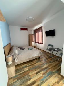 1 dormitorio con cama, mesa y TV en Navial 1, en Gabrovo