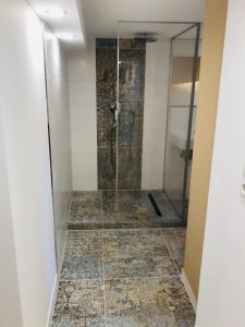 um chuveiro com uma porta de vidro na casa de banho em Living the Green em Friedrichsdorf