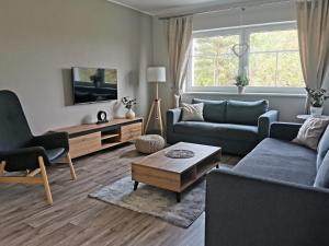 a living room with a couch and a tv at APARTMÁN POHODA in Svatava