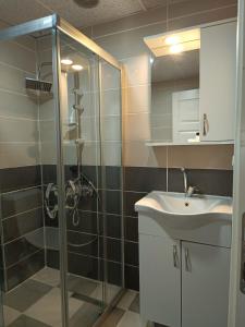 a bathroom with a shower and a sink at White Crown Apartman ve Yaşam Merkezi in Istanbul
