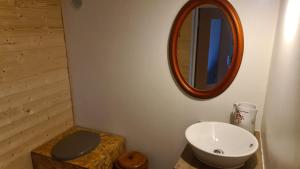 uma casa de banho com um WC, um lavatório e um espelho. em Chambre à la ferme, les vergers du Muscardin em Bréel
