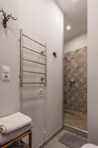 una doccia con una porta in vetro in un bagno di Charming studio in Old Town Riga a Riga