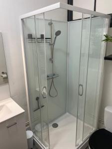 a shower with a glass enclosure in a bathroom at Studio Yannick in Vittel