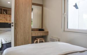 a bedroom with a bed and a vanity with a mirror at Tiny House Lohse in Wemding