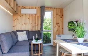 ein Wohnzimmer mit einem Sofa und einem Tisch in der Unterkunft Tiny House Lohse in Wemding