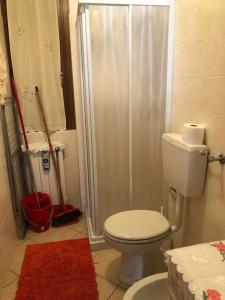 een badkamer met een wit toilet en een douche bij Vista panoramica - Chalet rustico in montagna in Valgoglio