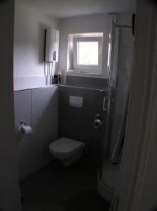 a small bathroom with a toilet and a window at Villa Winzig in Beckerwitz