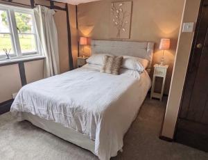 ein Schlafzimmer mit einem großen weißen Bett mit zwei Lampen in der Unterkunft Chelmsford Cottage Homestay Free Parking Fab Garden in Great Waltham
