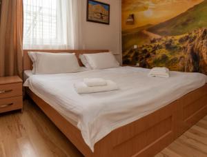 1 dormitorio con 1 cama grande y toallas. en Asian Mountains en Bishkek