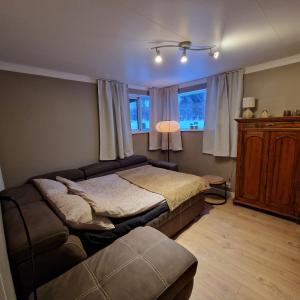 a bedroom with a bed and a couch at Helgimagri Apartment in Akureyri