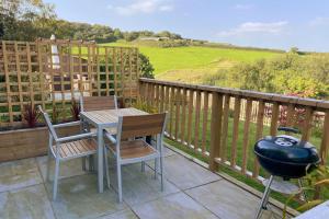 a patio with a table and chairs and a grill at The Burrow Devon in Longdown