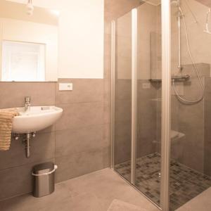 a bathroom with a shower and a sink at Appartement Seerose in Poppenbüll
