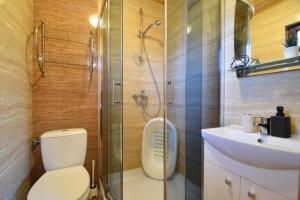 a bathroom with a shower and a toilet and a sink at Domki Letniskowe Bursztynek in Dąbki