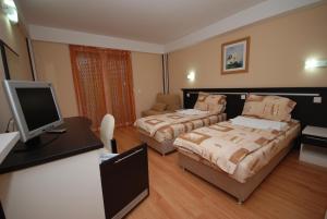 a hotel room with two beds and a television at Filand Apartmani in Ohrid