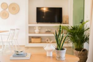 a living room with a table with plants and a tv at Magnolia Villas Potos Thassos in Potos