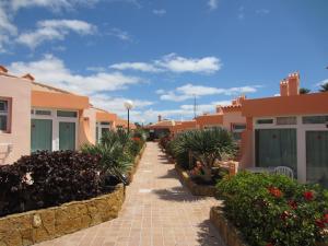una pasarela a través de una fila de casas con plantas en Castillo Playa, en Caleta de Fuste