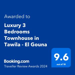 Sertifikatas, apdovanojimas, ženklas ar kitas apgyvendinimo įstaigoje Luxury 3BR Townhouse, Tawila, El Gouna, Lagoon & Pool access matomas dokumentas