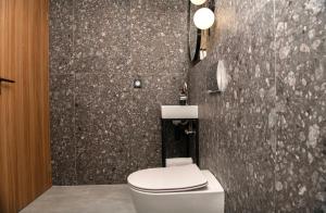 baño con aseo y pared de piedra en Casa De Lago Superior en Ágios Nikólaos