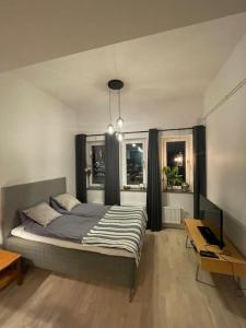 een slaapkamer met een bed en 2 ramen bij Newly built bright apartment, close to everything. in Nacka