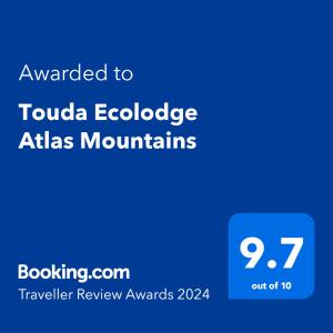 Sertifikatas, apdovanojimas, ženklas ar kitas apgyvendinimo įstaigoje Touda Ecolodge Atlas Mountains matomas dokumentas