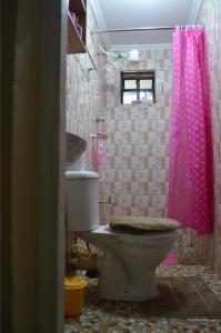 La salle de bains est pourvue de toilettes et d'un rideau de douche rose. dans l'établissement ELDORET STAYS, à Eldoret