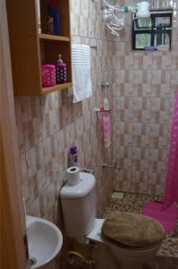 La salle de bains est pourvue de toilettes et d'un lavabo. dans l'établissement ELDORET STAYS, à Eldoret