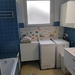 une salle de bains avec deux lave-linge et une fenêtre dans l'établissement Côté parc, à Schiltigheim