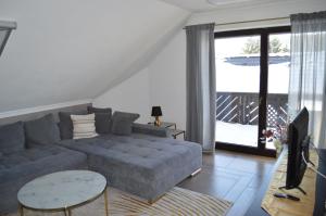 uma sala de estar com um sofá cinzento e uma televisão em Apartment unterhalb der Burg Hanstein em Bornhagen