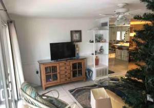 ein Wohnzimmer mit einem TV und einem Weihnachtsbaum in der Unterkunft Spring Sale 4BR Home w heated pool 2 min to beach in Destin