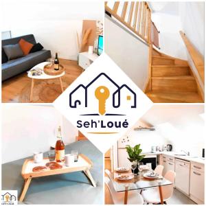 a collage of photos of a living room and stairs at L’envol Temporaire Seh’Loué in Saint-Brieuc